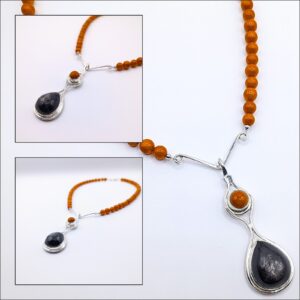 NYAKÉK PIROS KORALL GYÖNGYSORRAL ÉS EZÜST OBSZIDIÁNNAL